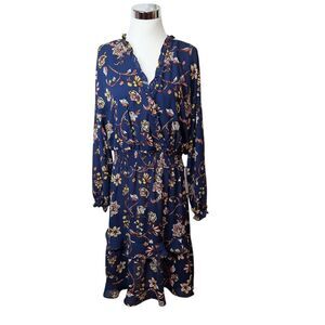 Emma & Michele Womens‎ XL V-Neck Dress Long Sleeves  Navy Blue Floral Ruffle NWT